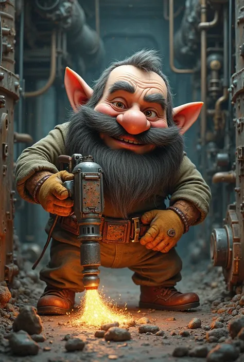 Funny dwarf with his drill digging holes in the pipe