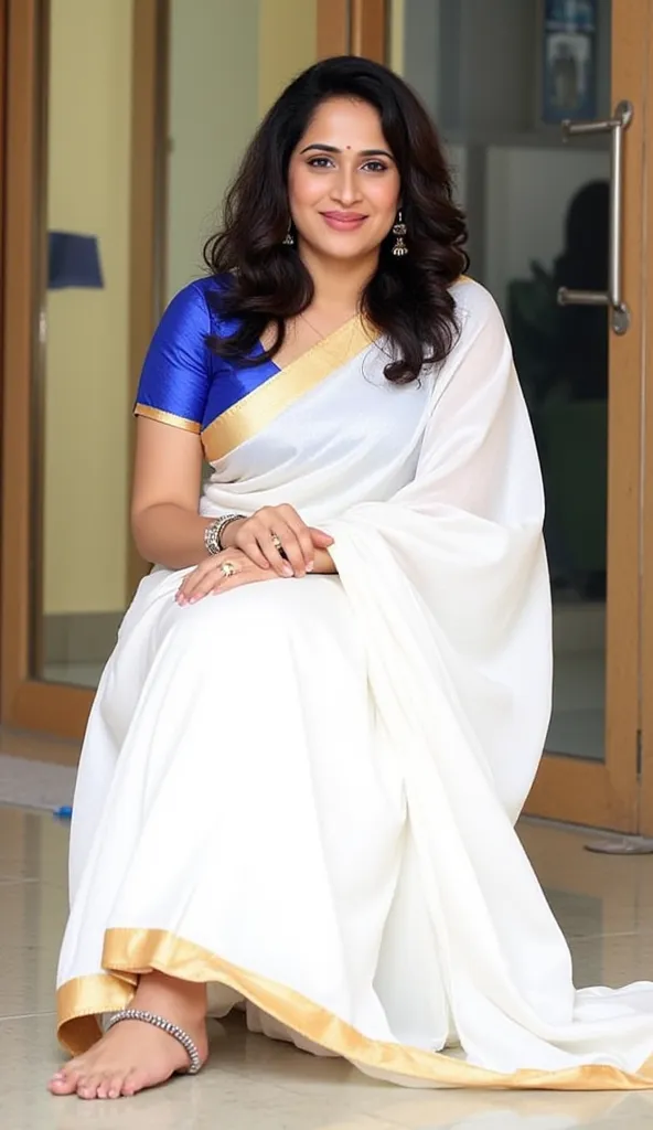 Malayali house wife, wearing white satin saree with golden border with  blue blouse, slightly chubby cheeks,long curly wavy hair until shoulder,sitting  pose, photoshoot for ethnic anklets  and  beautiful feet, scenic locations of Himalayas 
