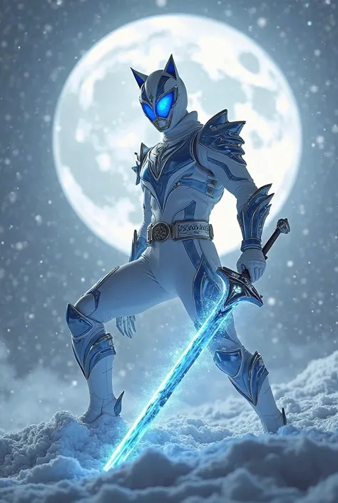 "A White Power Ranger with details in metallic blue,  with a modern and futuristic design , posing heroically in a snowy landscape with a bright full moon behind. Its costume is inspired by an arctic wolf, reflecting a combination of speed, ferocity and ad...