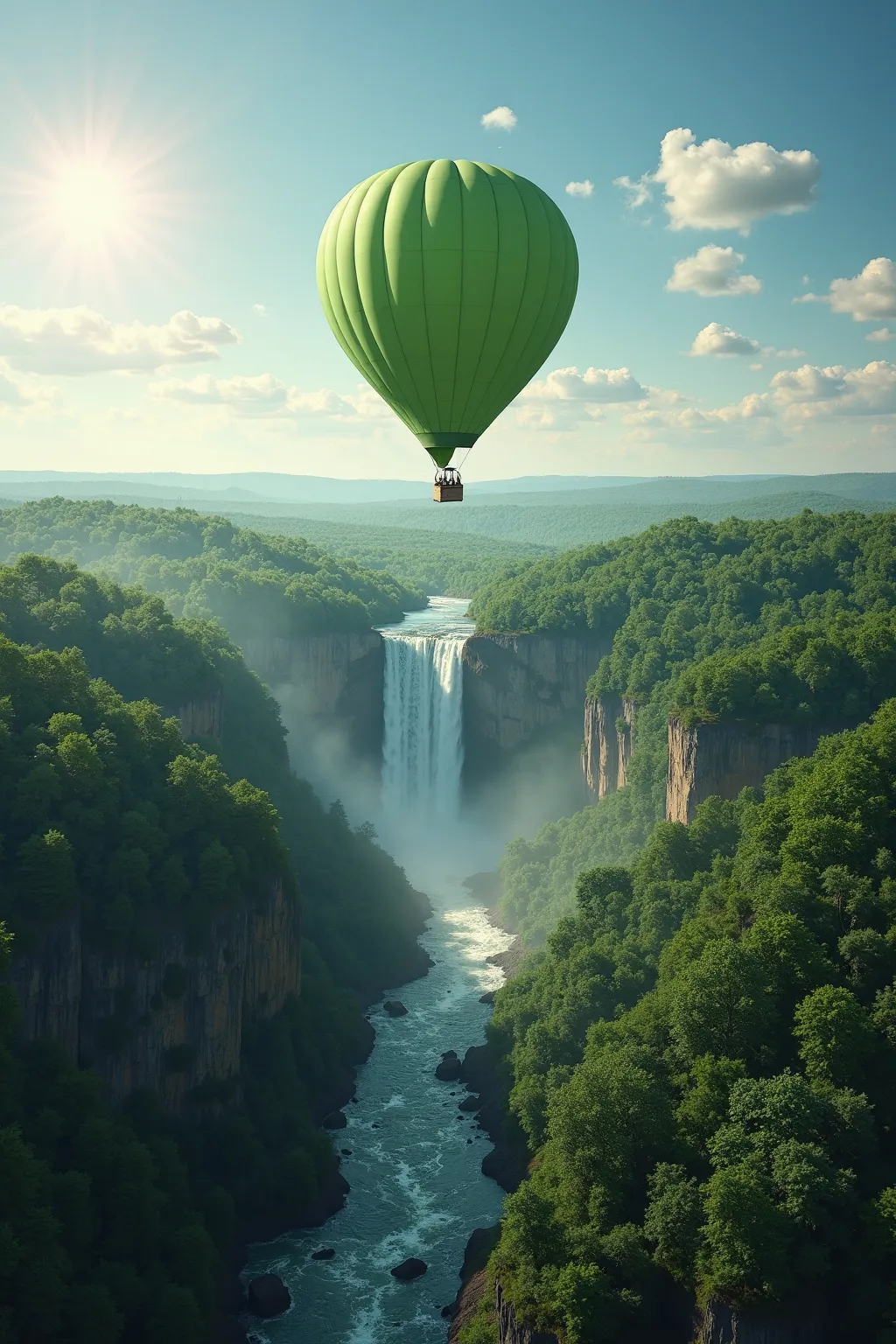 High angle shot, down on a  1 solo green balloon floating over a vast lush large forest with a majestic waterfall seen out in the distance, show only 1 green balloon, with sun and scattered clouds on a sunny summer with a few clouds seen in the sky