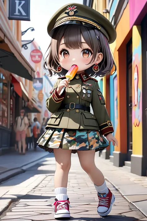  ( bestquality,4K,8k, highres,masterpiece:1.5),ultra-detailed,(realistic,photoRealistic,photo-realistic:1.4),HDR,UHD,A Lolita girl in a cute military uniform walks through a shopping street、Psychedelic Picture、The girl is 、(Ultra Chibi:1.3)、} Wears a milit...