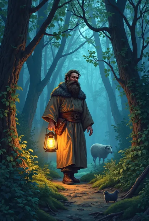 holding a lantern, brother elias with brown hair and beard walks through the dark forest shouting for the sheep calling for it’s name. make it in anime style