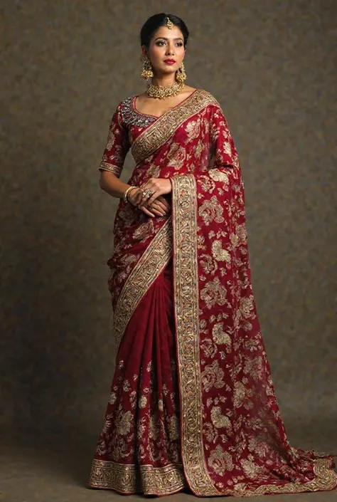 Royal Gold & Maroon Kandyan Saree

Design: A luxurious maroon saree with intricate gold embroidery inspired by traditional Sri Lankan motifs, such as peacocks, lotus flowers, and Kandyan patterns.
Blouse: High-neck blouse with gold beadwork and maroon acce...