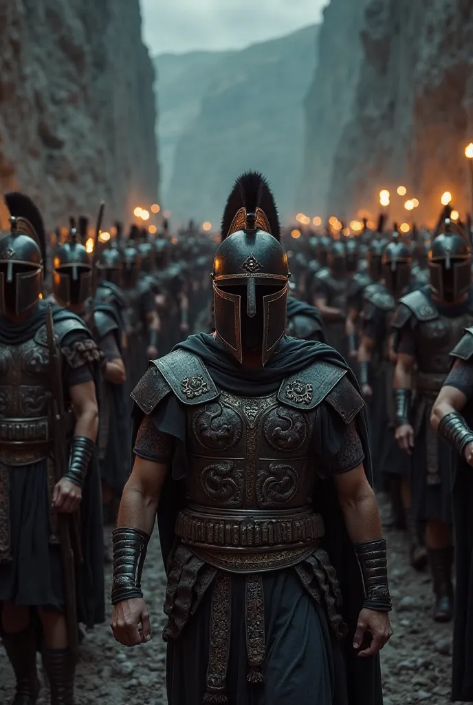 A huge ancient greece army of warriors wearing black and silver Korinthian helmets and black ancient greece rags parading under a cliff at night.