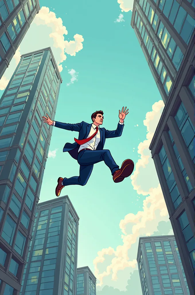 well-dressed young man as businessman jumping from one building to another,  cartoon