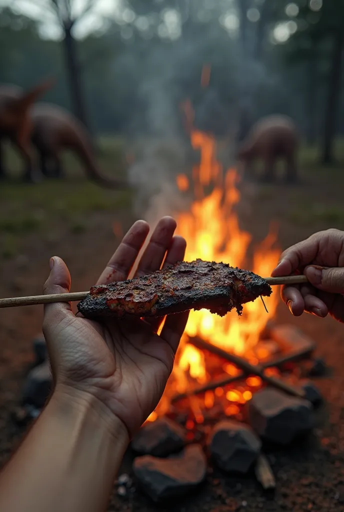 A first-person (POV) image showing only the hands of a person tending to a campfire. The hands are holding a stick with a piece of roasted dinosaur meat, with visible grease and smoke rising from the fire. The skin is slightly dirty, with realistic details...