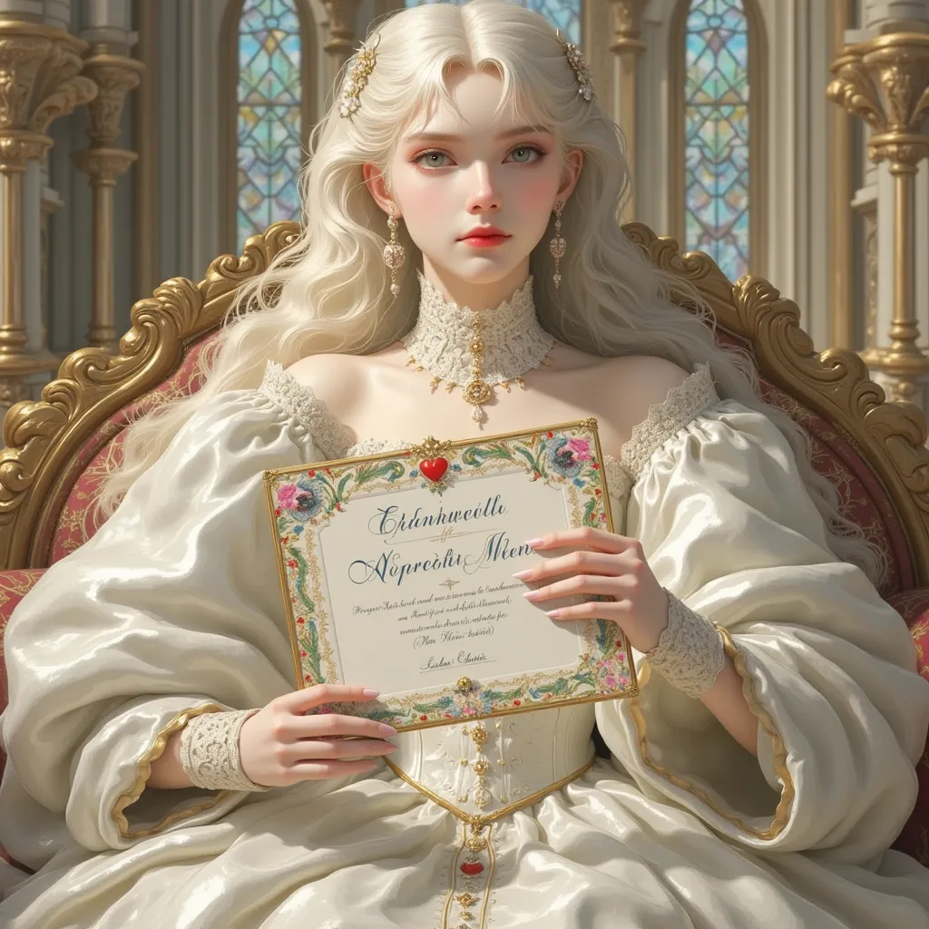 21 year old Queen Elizabeth I dressed as a latex slave girl, seductive, posing on a fancy bed in a chapel, presenting a large colorful wedding certificate