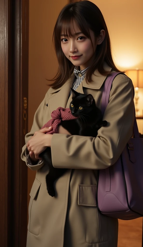 ultra-realistic, photorealistic, dramatic scene, shadow, global-illumination, solo, (20 years old Japanese girl with 1 kitten), very beautiful with very cute but boyish cool face, (very large breasts), slim waist, (wearing an office worker's outfit with iv...