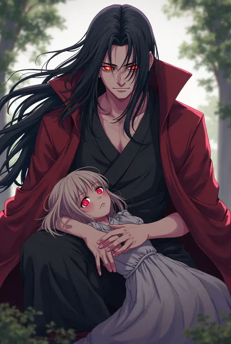 Madara Uchi has tall and strong black and long hair, Sharingan activated,With a short girl, Pale white hair and pink eyes on her lap. anime style