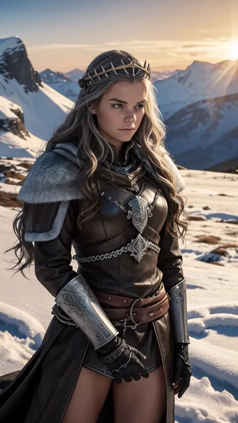 A majestic Viking queen in a snowy mountain setting. She wears black leather armor detailed with metals and rustic jewelry,  evoking power and royalty . Her long, wavy hair rocks with the wind, and your expression is strong and determined. The camera moves...