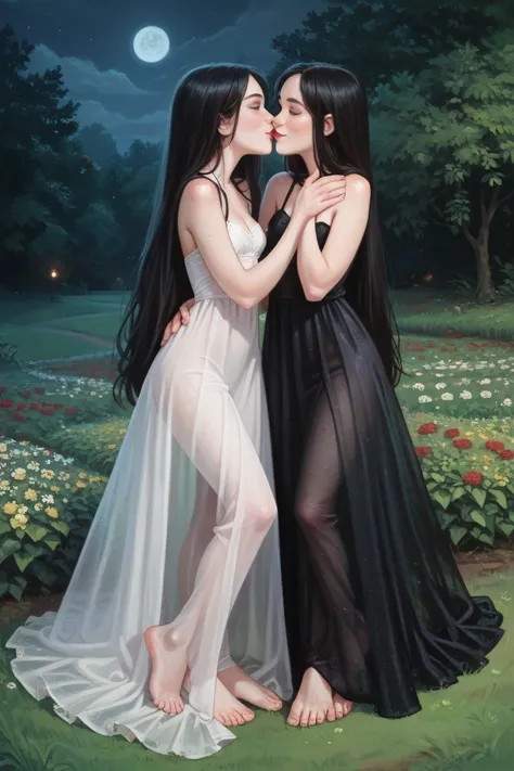 Two hot age girls, straight black hair,  Very long hair, freckles, long transparent dress, detailed ribs,  flat breasted,  medium breasts, full body, small bare feet, red lips, eyeliner,  smile, LAWN, night, kiss, Language