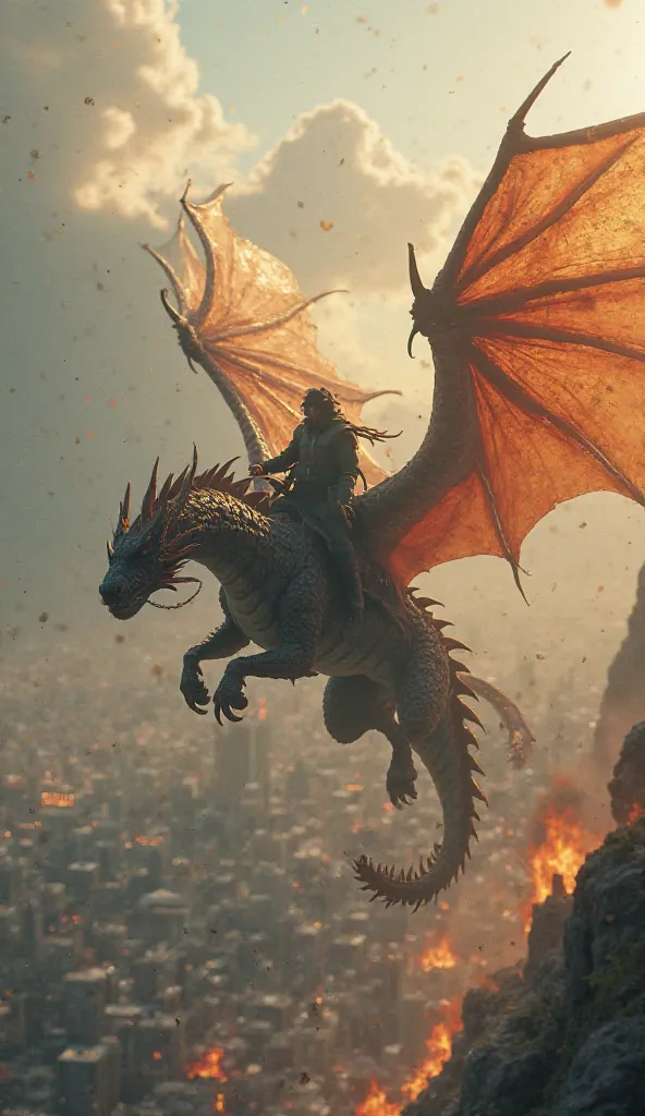 The dragon takes flight and the city quickly shrinks. The wind blows and the rider feels its strength as he climbs higher into the sky. The dragon exhales a soft cloud of smoke, filling the air with the scent of embers.