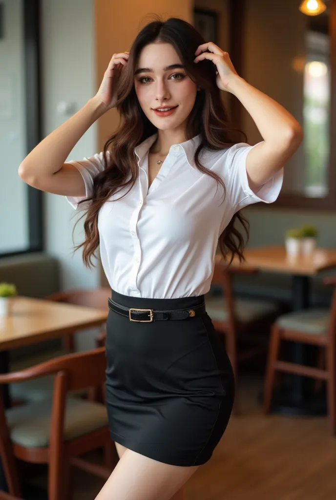 This high-quality photograph, A full body of a beautiful Thai woman 20 years old with long, wavy brown hair and light skin, looking at viewer, smile expression. She is dressed in short sleeve white collared shirt , hi-gross black university belt, short pen...