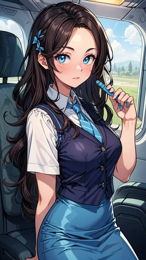 ((masterpiece, best quality:1.3, high detail)), ((1girl)), (((beautiful woman))), (flight attendant), bright eyes, (long wavy hair), (dark hair), hairpin, (white collar shirt vest, blue tie), (blue pencil (skirt)), medium skirt, slim body, (lower body), fa...