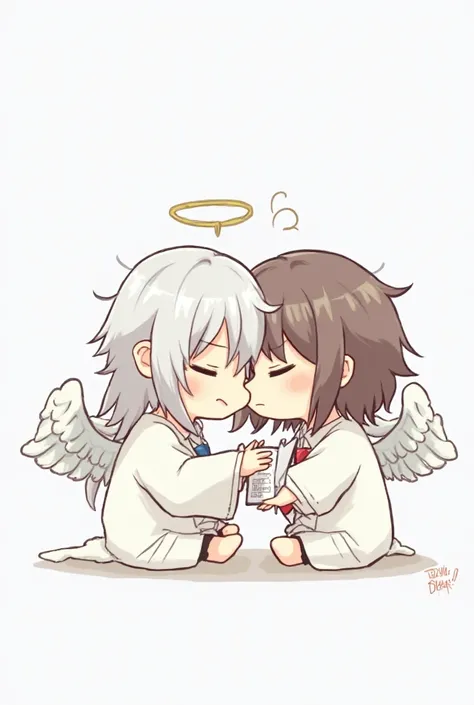 A male angel with long hair in white and silver colors comforting his friend who is another male angel with medium long brown hair holding an approved exam in his hand while crying, in simple chibi style with no background