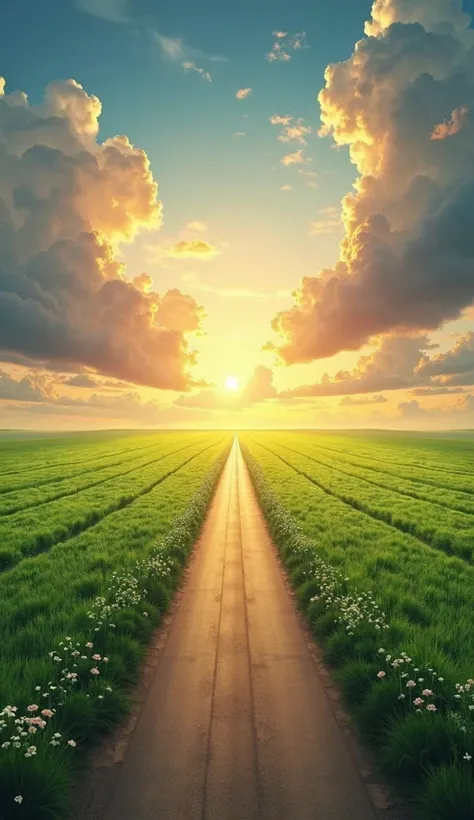 A long, straight road cutting through a verdant field,  with the sun rising on the horizon , representing a new beginning. realistic style,  details in 4k, vibrant colors and dramatic sky."