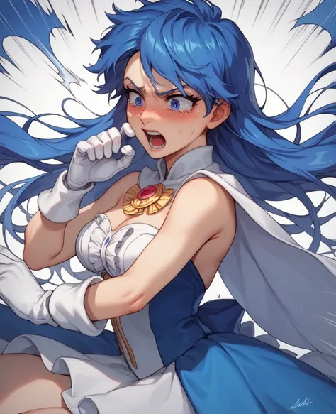 Whitening,  anime style, Hair and costume details,  long flowing blue hair, White and blue ruffled dress,  White Gloves and Boots , Holding his ears with both hands, blush, pain,  suffering from enemy sonic attacks, Dynamic and intense scene , Background w...