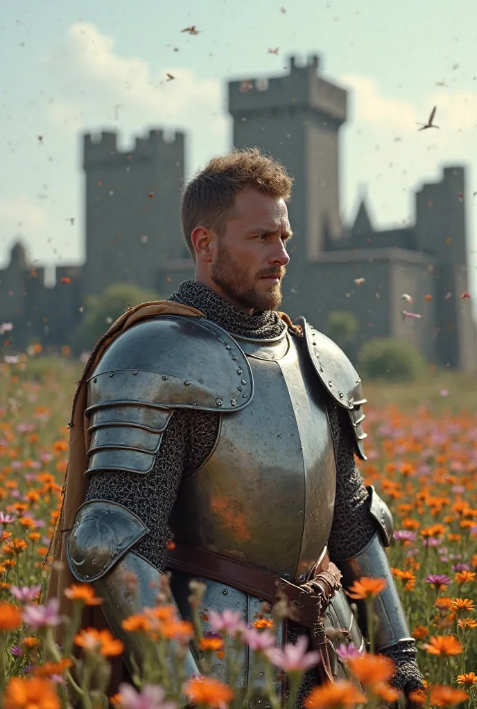 Create a realistic image of a medieval soldier in armor without a helmet, Denta Donem a flowery field. Delicate and colorful flowers. The soldier has his eyes open and is in the background of a ruined medieval castle