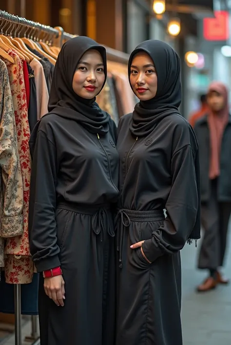 two women standing next to each other in front of a clothes rack, a picture inspired by Nazmi Ziya Güran, instagram, hurufiyya, in city street, wearing authentic attire, shot on nikon z9, scandy and arender, malaysian, beautiful lady, captured on iphone, i...