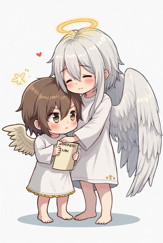 A male angel with long hair in white and silver colors comforting his friend who is another male angel with medium long brown hair with two angel wings on his head who holds an approved exam in his hand while crying, In chibi style