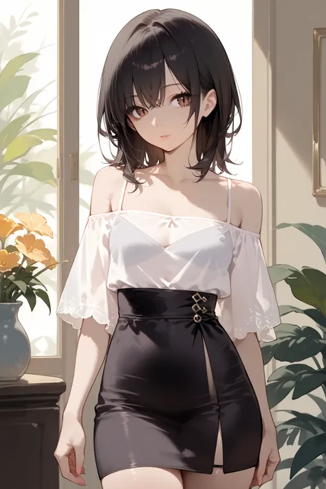 score_9, score_8_up, score_7_up,source_anime,solo,beautiful adult woman,
medium hair, straight black hair, sheer bangs, dark brown eyes, youthful appearance, feminine fashion, trendy style, off-shoulder top, slit skirt, elegant design, subtle sexiness,play...