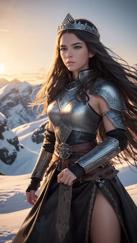 A majestic Viking queen in a snowy mountain setting. She wears black leather armor detailed with metals and rustic jewelry,  evoking power and royalty . Her long, wavy hair rocks with the wind, and your expression is strong and determined. The camera moves...