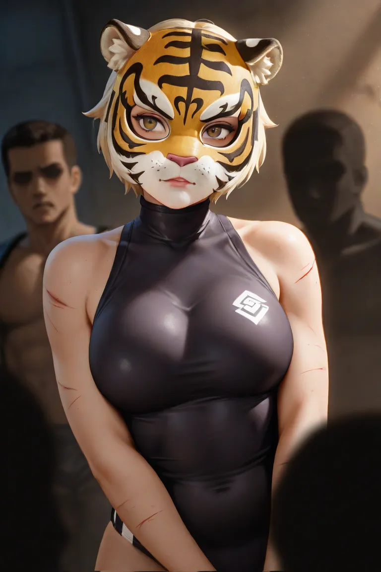 Female wrestler Tiger Mask, her mask has been cut with scissors and her face is about to be revealed,by boyfriend