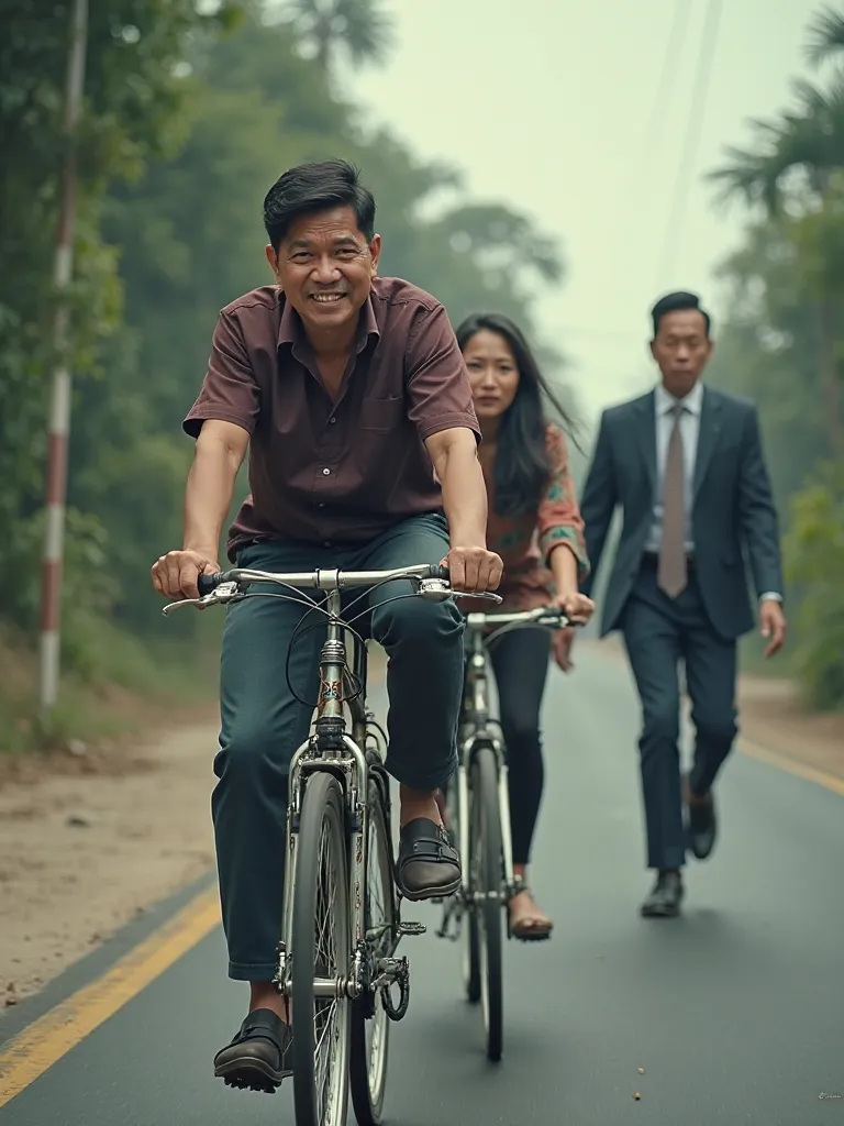 Image of Indonesian married couple face panicking again riding bikes in pursuit of a dashing debt collector wearing a suit background on the road 