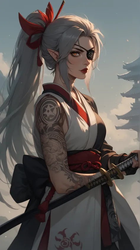 1girl, long hair, gray hair, ponytail, eye patch, kunoichi, samurai, beautiful, pointy ears, holding a katana, amber eyes, D&D, warlock, freckles, dark red lips, scar on eye, black tint on eye, white katana, nodachi, freckles on face, eyepatch, black tatto...