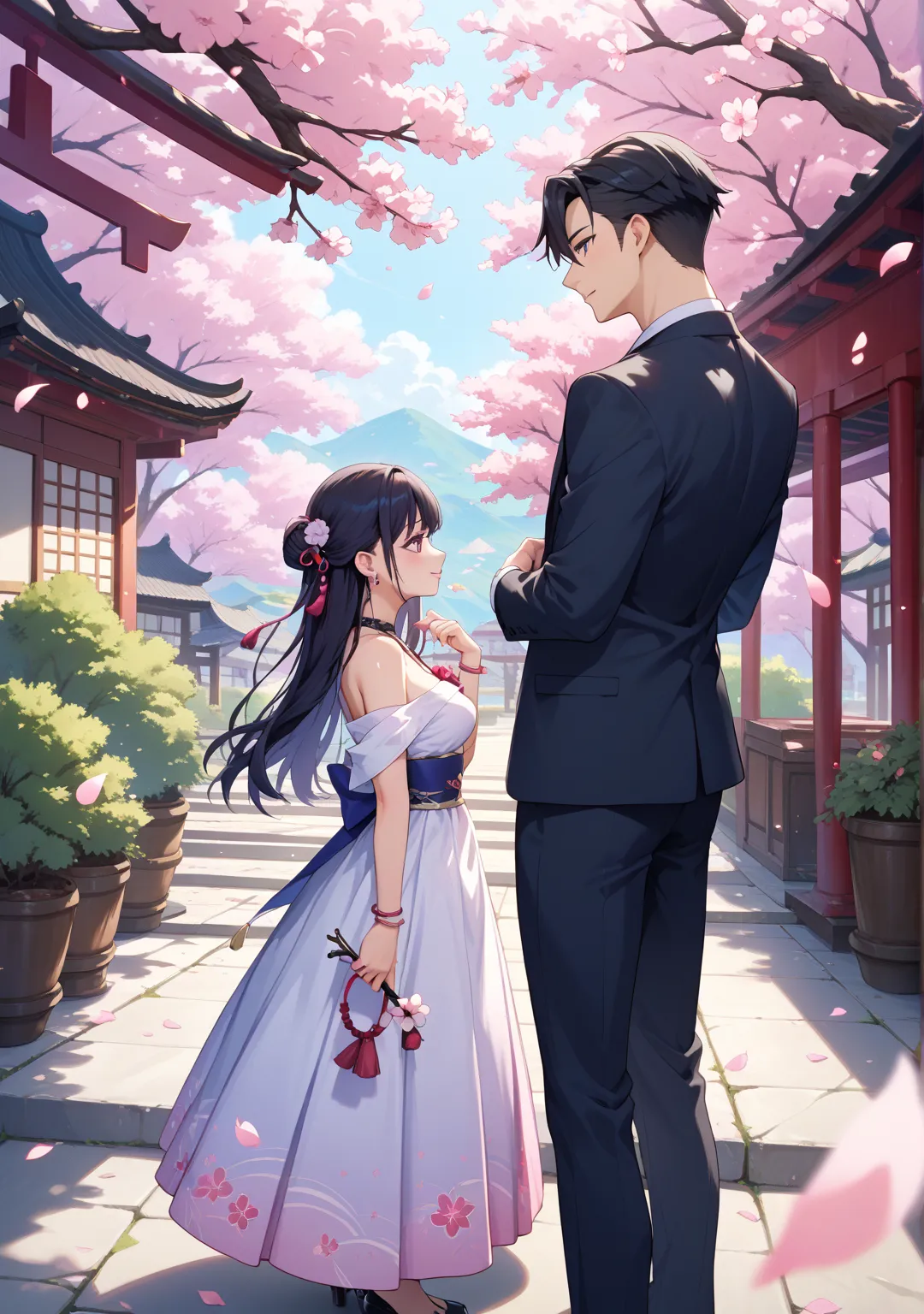 Induction Ceremony, 1girl ,1boy , suit, black hair, cherry blossom storm,cherry blossoms