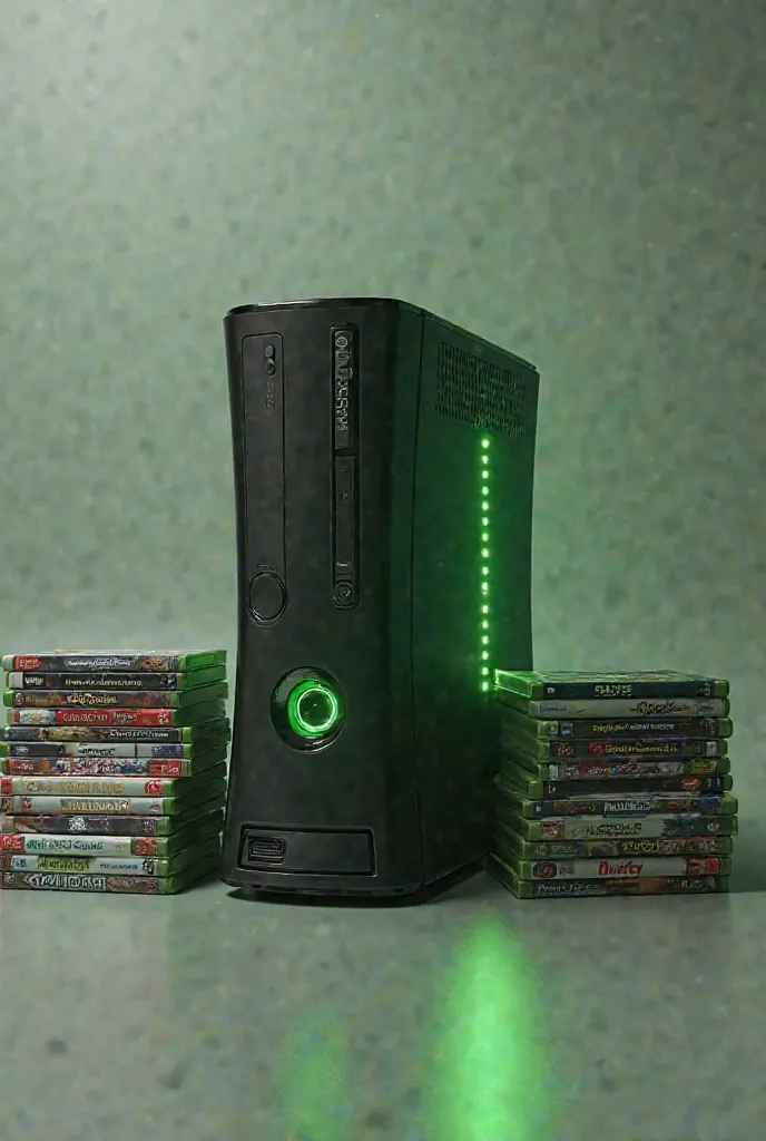 Create realistic Xbox 360 image with green light and various video game games 