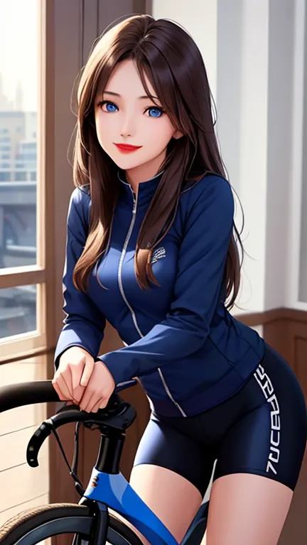 woman , long hair brown, normal, dark, she is solo, from alternative world ,best quality, realistic, cycling (full dark blue color) suit and cycling sports black shorts, she is stand , smile, red lipstick , 