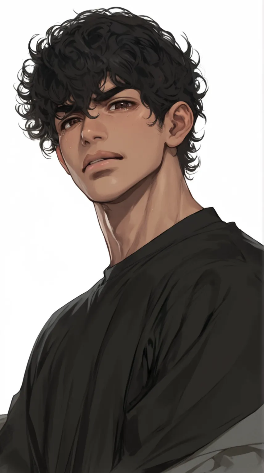 Kentarō Miura style, curly black hair, young mixed race man, dark complexion, brown eyes, curly black hair, he is suffering from pain