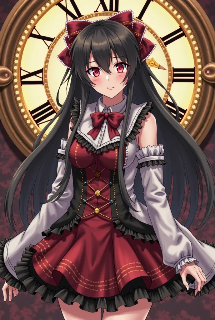 Tokisaki Kurumi with a large gold clock in the background. Tokisaki Kurumi has long black hair, One eye color red and the other color yellow, white leather and red and black Gothic Lolita clothing with ruffles on the dress, From a playful and mischievous l...