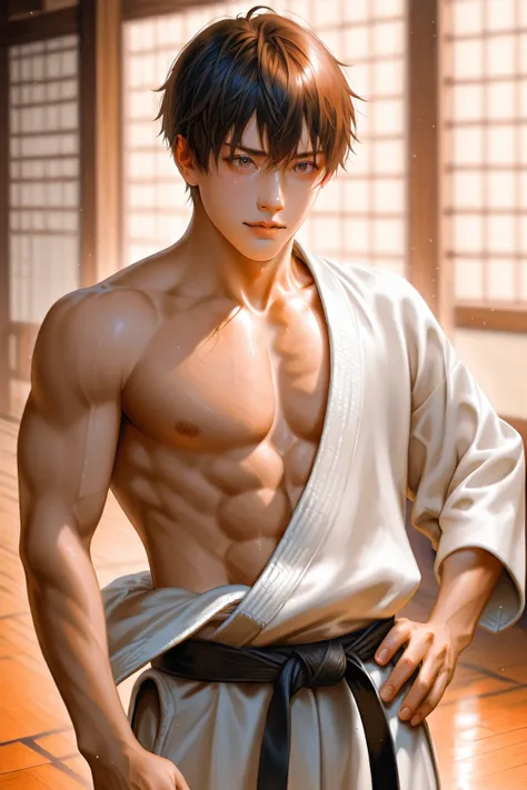 best high quality, Details, photo realistic, 1 japanese young boy, abs, dark skin, erecting penis, white karate wear, in dojo,