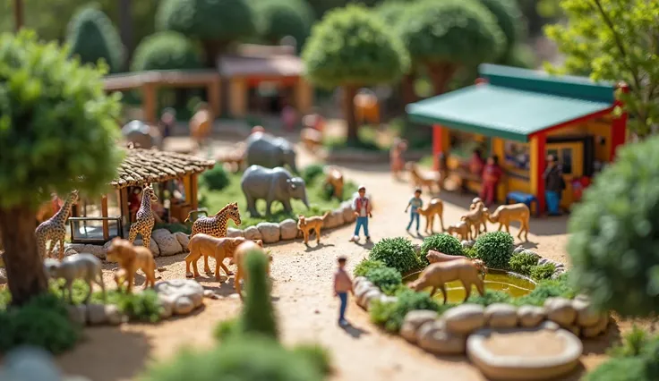 "A vibrant zoo scene captured with a tilt-shift effect, making the entire setting appear like a miniature model. Various animals such as lions, giraffes, elephants, and zebras are in their enclosures, while visitors stroll along the winding paths. The zoo ...