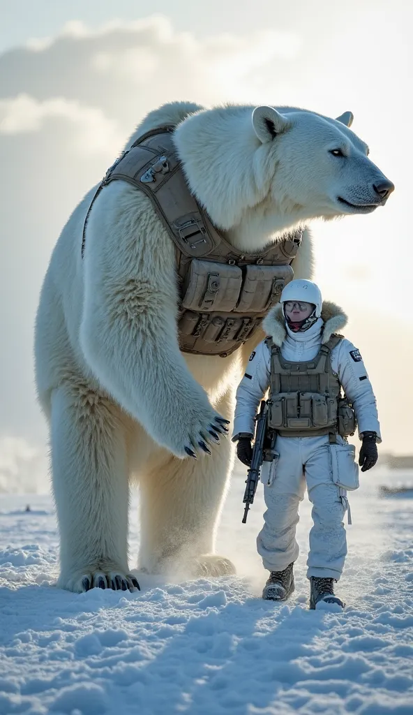 A colossal polar bear, towering over its human ally, with pure white fur glistening under the cold Arctic sun. Its massive paws crush the icy terrain, and its icy blue eyes lock onto unseen enemies, unwavering and fierce.
The bear wears specialized Norwegi...