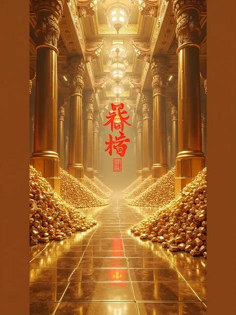 A vast golden vault with walls made of solid gold bricks, endless piles of glittering gold bars stacked into mountains, overflowing treasure chests spilling diamonds, rubies, and sapphires, intricate golden chandeliers with crystal pendants, light beams re...