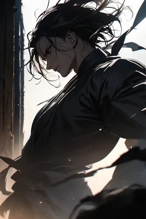 Believe me a full body black-haired martial artist man , black eyes with hair brushed back. Similar to the character Toji Fushiguro.