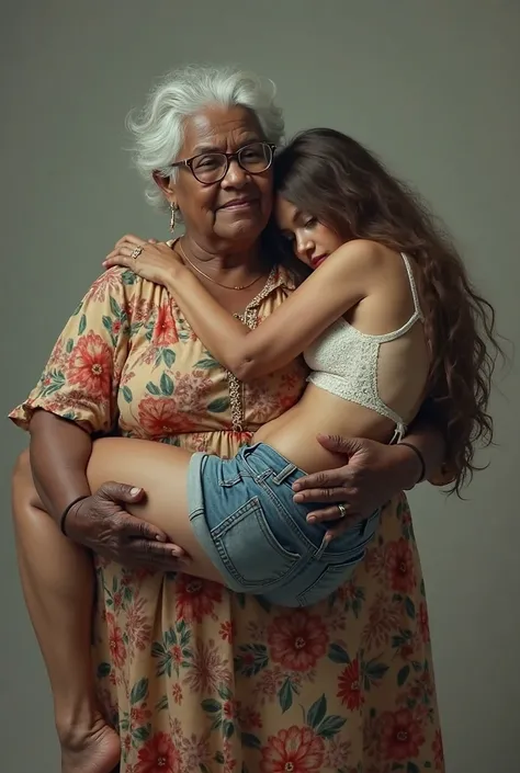 Créer une image d'une dame de 90 ans, peau foncée, qui est gros, porte une robe fleurie et des lunettes. Elle porte sur son épaule droite une jeune femme adulte de 35 ans., peau claire, qui a de longs cheveux bruns, portant un short en jean et un soutien-g...