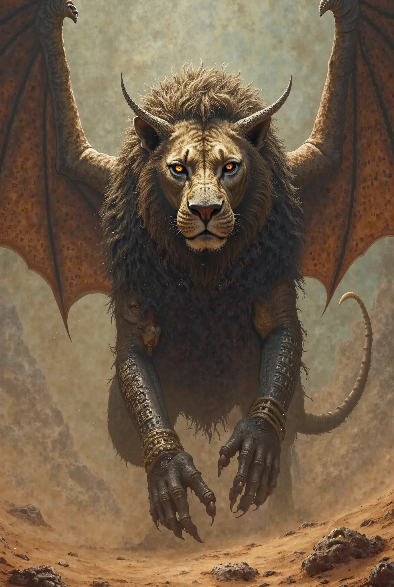 A terrifying hybrid beast with the body of a lion, the wings of a dragon, and the face of an unknown creature. Its eyes shine like two moons, and its skin is covered in ancient glowing runes. The background is a mystical desert with swirling sands and hidd...