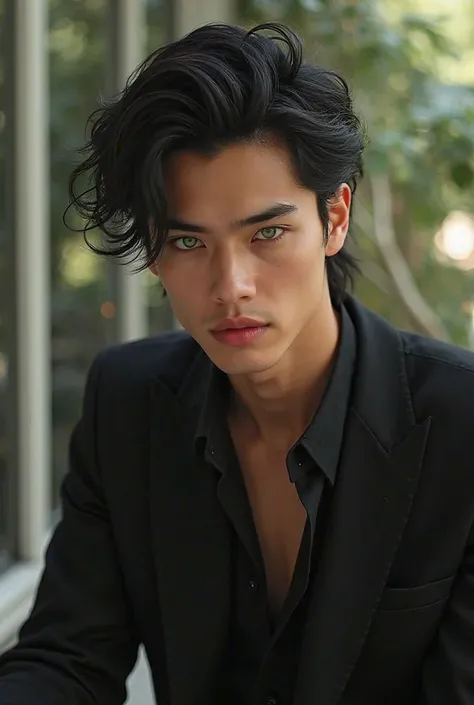 Create a boy of approximately 19 years old with green eyes,  light leather balcony,  beautiful lips ,  black and disheveled hair , stocky body,  in a black suit, penetrating and charming look. 