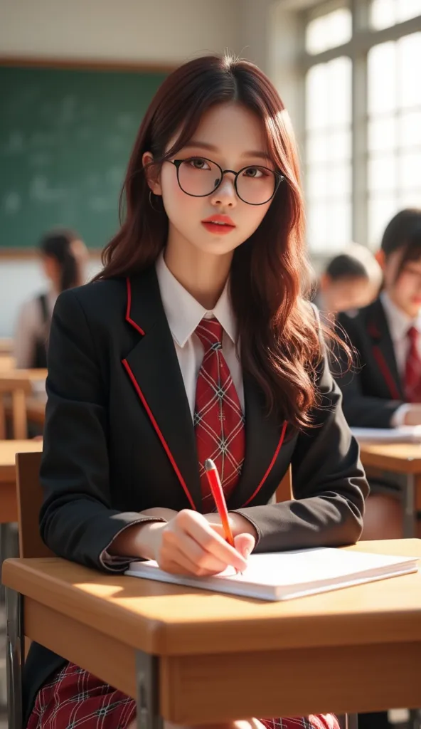 Create a full-body, shapely legs, ultra-realistic 4K illustration of a stunningly beautiful Japanese female with mixed Japanese and English features, petite body, c cup breasts, sitting at her desk in a classroom. She has a slim, dark reddish-brown hair ha...