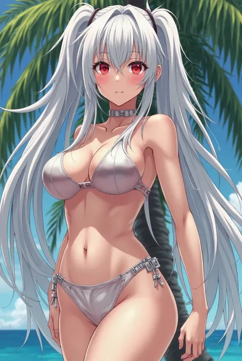 Anime girl with red eyes posing naked in front of a palm tree,  seductive anime girl , breasts,  twin tails white _shezfe , 2 b, 2b, mikudayo , biomechanical breasts, breasts cyberpunk,  shikamimi, Sexy girl with red eyes,   covered breasts and sfw  , Tifa...