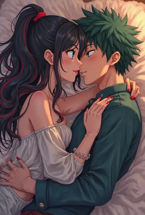  My Hero Academia. Black-haired girl with red highlights with blue eyes lying on a bed kissing a Green-haired boy with green eyes