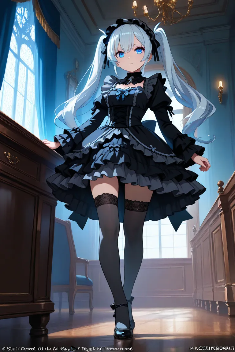 Maid。underwear。twin tails。 Silver Hair。 Lolita。 gothic。 gothic衣装。high knee socks。 high heels。。 blue eyes。