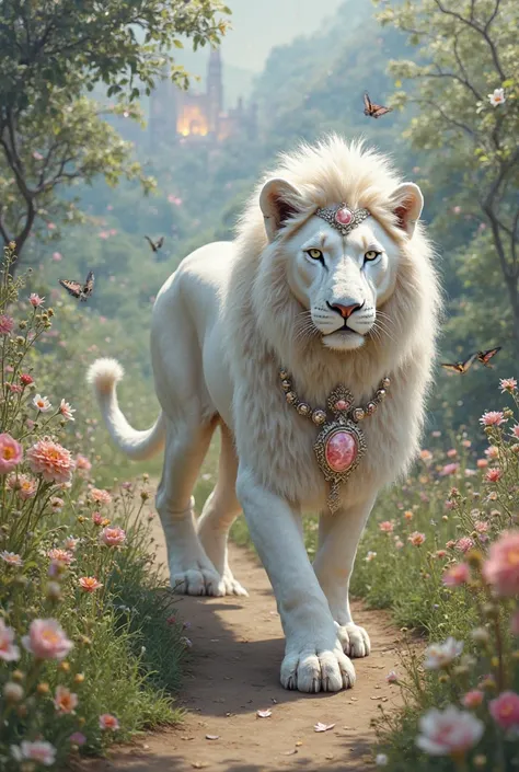 A white female lion wearing rose quartz and silver jewelry walking on a path that has a path through a green meadow with flowers and animals the end is a beautiful city