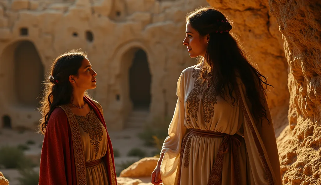 Martha and Mary, sisters of Lazarus, when Jesus performed one of the most impressive miracles in the Bible. Realistic illuminated and cinematic image.