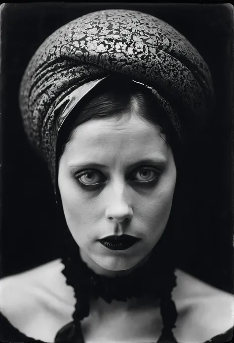 a black and white photo of a woman with a creepy face, inspired by Claude Cahun, wet collodion, eerie self - portrait, inspired by Kati Horna, collodion photography, inspired by Emil Fuchs, inspired by Julia Margaret Cameron, collodion photograph, by Béla ...