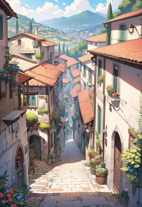 beautiful oil painting village, Villa Bella,  Italy, Sung Kim, alley , top angle side view